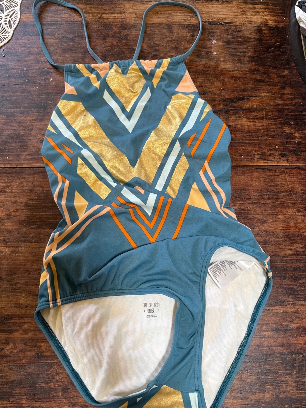 Urban Outfitters Teal One-Piece Swimsuit with Gold and Orange Geometric Print